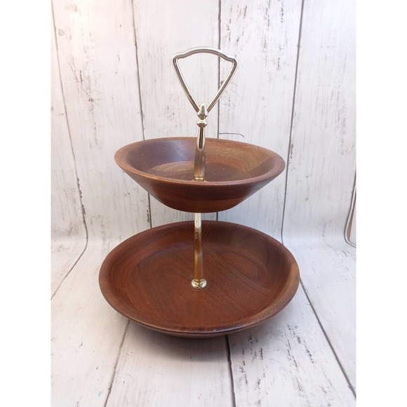 Vintage Ozark Walnutware Canape Tray 2 Tier Solid Walnut w/ Gold Handle (shelf) - Picture 1 of 5